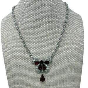 Vintage 40s Bogoff Ruby Red Rhinestone Bow Necklace Silver Tone 16”